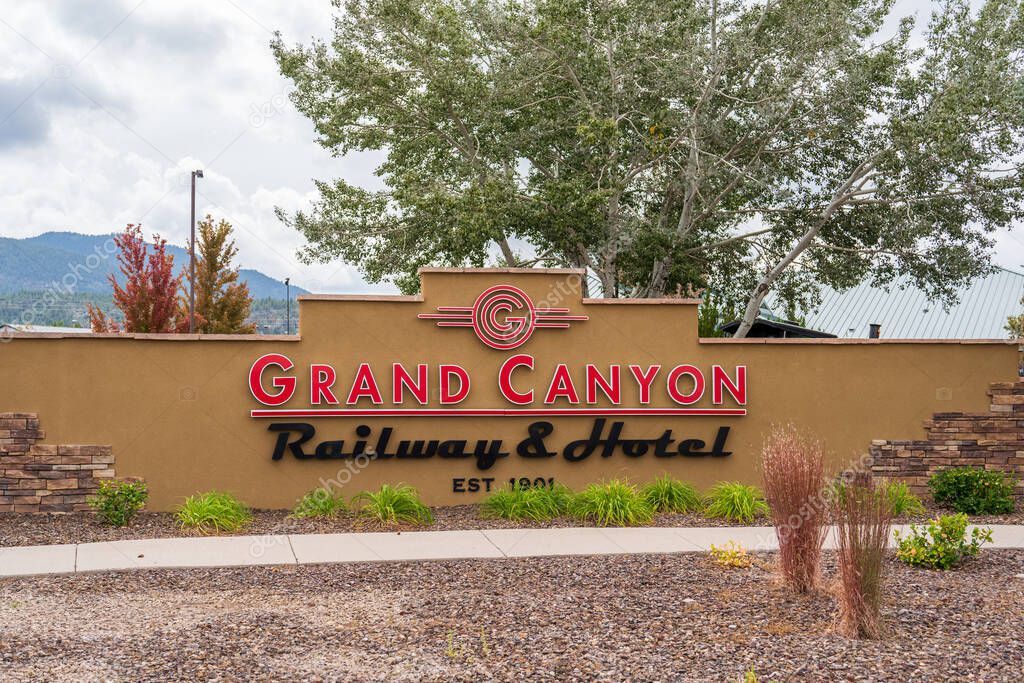 Williams, AZ - Sept. 29, 2021: Sign for the Grand Canyon Railway and Hotel.