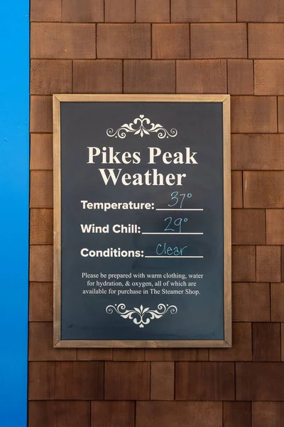 Sign Cog Railway Station Weather Top Pike Peak Temperature Wind — Stock Photo, Image