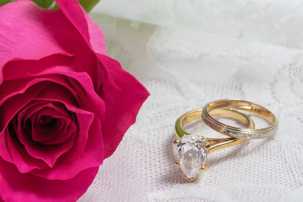 Μακροσκοπική Άποψη Του Φωτεινό Ροζ Τριαντάφυλλο Και Στενό Γαμήλιο Συγκρότημα — Φωτογραφία Αρχείου
