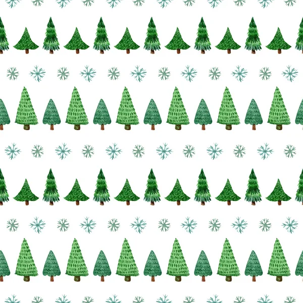 无缝隙的圣诞图案与水彩画的圣诞树 雪片在白色的背景上 包装纸 纺织品 明信片 网页背景 — 图库照片