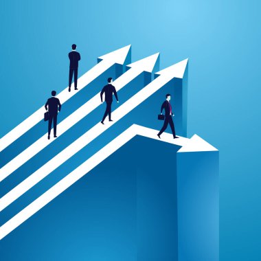 Bir işadamının, diğer insanlardan farklı yönlere giderek, ok işaretinin üzerinde yürümesinin vektör çizimi