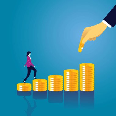 İş kadını ve bir yığın para. Para yığını, yatırım gelir gelişimi. İş ekonomisi finansal konsepti