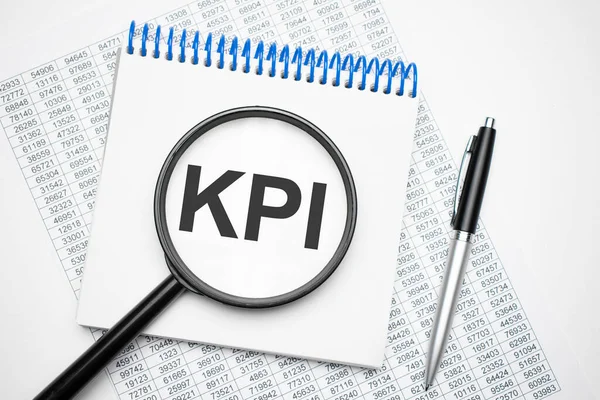 Notebook Text Kpi Next Black Pen Magnifying Glass Business Concept — Stock Photo, Image