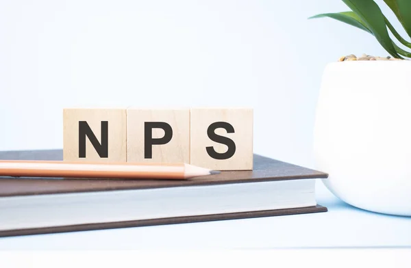 Npsの概念 2つの異なるサイズの鉛筆でサポートされているビルディングブロック上の検索エンジン最適化の頭字語 スペースのコピー — ストック写真