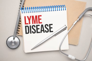 Üzerinde LYME hastalığı yazan beyaz not defteri ve mavi arka planda steteskop. Tıbbi konsept