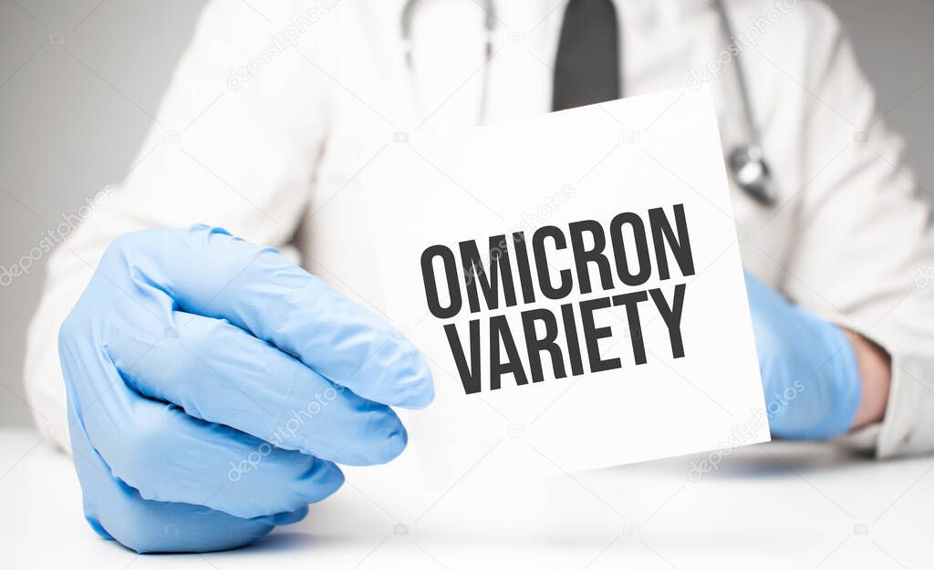 Doctor holding a card with text OMICRON VARIETY, medical concept
