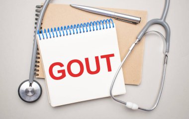 Mavi arka planda steteskop ve haplarla Gout mesajı olan kağıt