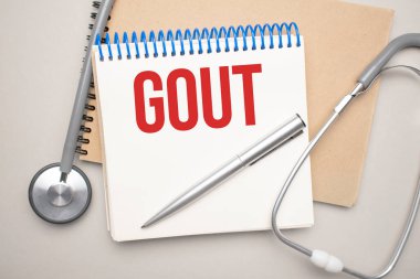 Mavi arka planda steteskop ve haplarla Gout mesajı olan kağıt
