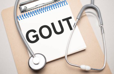 Mavi arka planda steteskop ve haplarla Gout mesajı olan kağıt