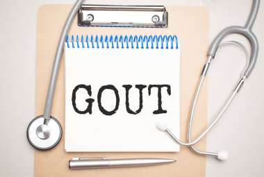 Mavi arka planda steteskop ve haplarla Gout mesajı olan kağıt