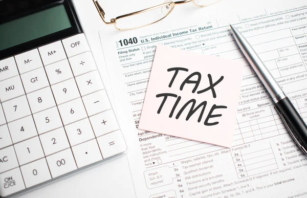 Tax Forms Pen Calculator Glass Sticker — Stock Photo, Image