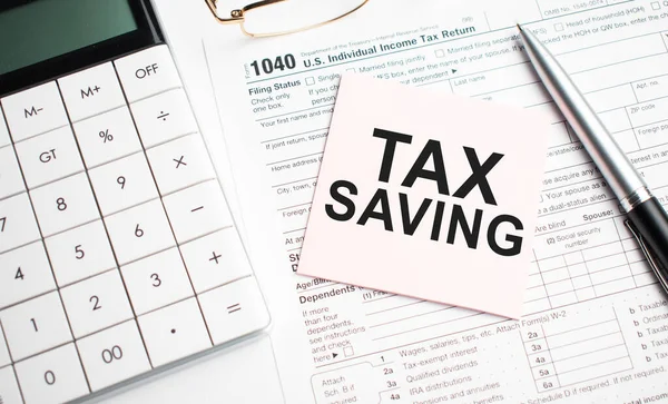 Tax Saving Pen Calculator Glass Sticker Tax Report Sign — 图库照片