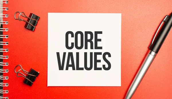 Core Values Sign Sheet Paper Red Notepad Pen — 图库照片