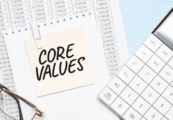 Yellow Piece Paper Text Core Values Calculator Lying Notepad — стоковое фото