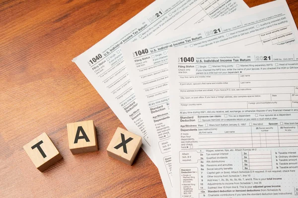 Word Tax Escrito Cubos Madera Concepto Fiscal — Foto de Stock