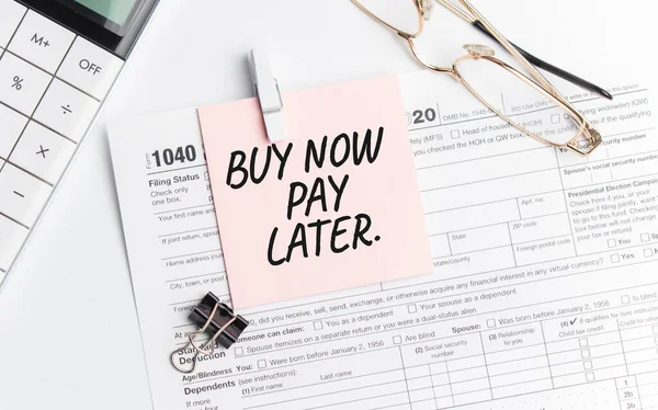 Buy Now Pay Later Pen Calculator Glass Sticker Tax Report — Zdjęcie stockowe