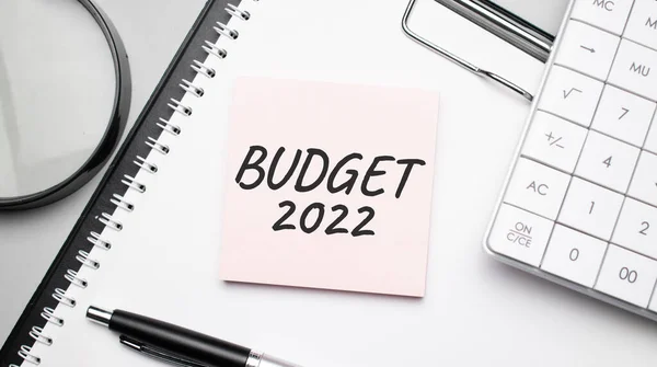 Budget 2022 Notepad Eyeglasses White Pen Financial Concept — Zdjęcie stockowe