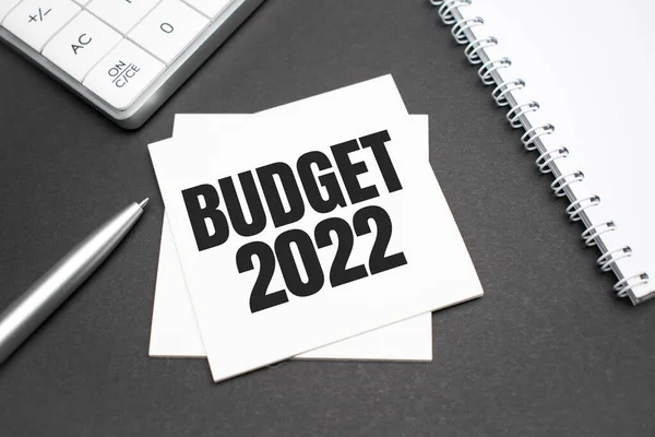 Calculator Pen Open Notebook Written Budget 2022 Wooden Backgroundd Business — Stockfoto