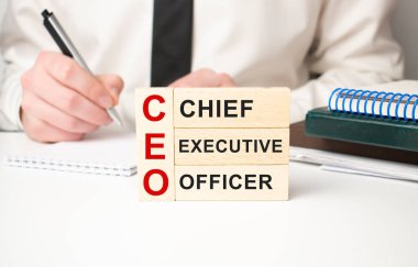 Yönetim kurulu başkanı masa arkasında tahta bloklar olduğunu söyledi. Fikir, Strateji, Reklam, Pazarlama, Anahtar Kelime ve İçerik kavramı