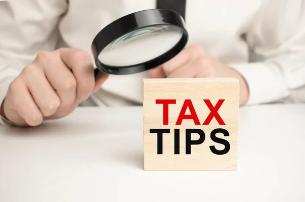 Tax Tips Zápisník Dřevěném Stole Prezentace Nápadů Analýza Plánů — Stock fotografie
