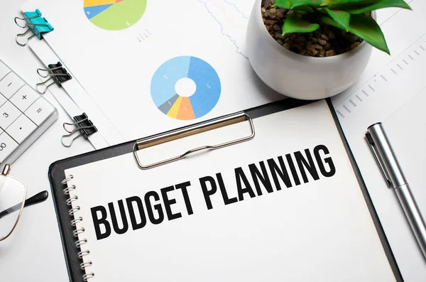 Papier Met Begroting Planning Tafel Rekenmachine Geld — Stockfoto