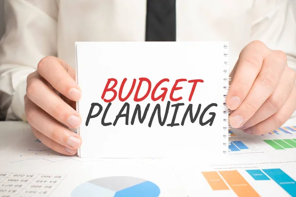 Businessman Hold Notepad Text Budget Planning Financial Charts Desktop Financial — Stock Photo, Image