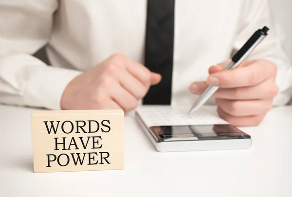 Las Palabras Tienen Poder Cuaderno Sobre Mesa Madera Presentación Ideas —  Fotos de Stock