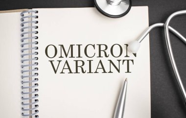 OMICRON VARIANT metin ile stetoskop, şırınga ve kağıt pano üst görünümü
