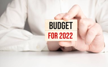 2022 bütçesi gri arka planda tahta küplere yazılır. Tahta elementlere yakın çekim. Arka planda küvette yeşil bir çiçek var. vergi zamanı