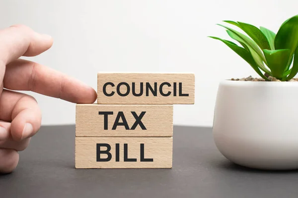 Councing Tax Bill Sign Wooden Block Businessman Hand — Stock Photo, Image