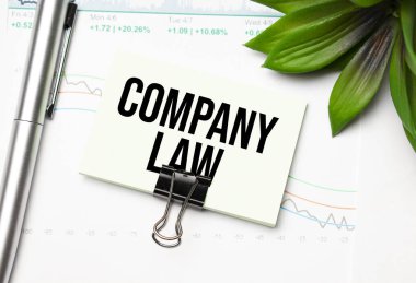 Not defterindeki etiketler beyaz arkaplanda kalem ve gözlüklü ComMPany LAW