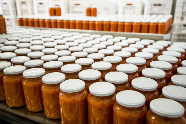 Manufacture Tomato Sauce Several Glass Jars Tomato Sauce — Stock Photo, Image