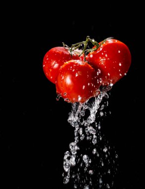 Çeri domatesi siyah zemine su sıçrıyor.