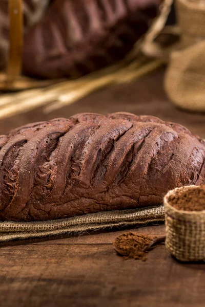 Pain Cacao Chocolat Sur Tissu Rustique Sur Table Bois Rustique — Photo