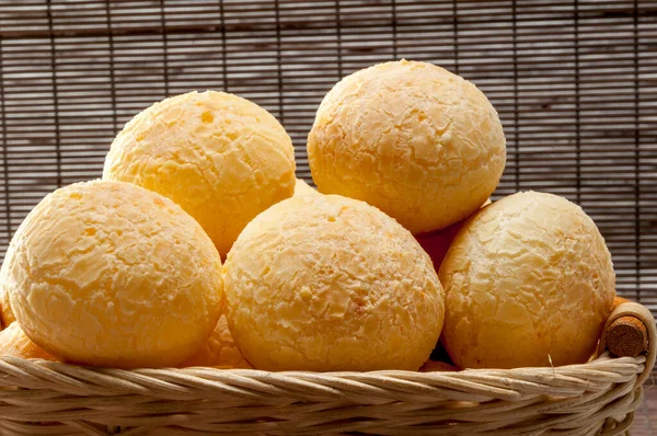 Brânză Pâine Gustare Tradițională Braziliană Casă Pao Queijo Covor Bambu — Fotografie, imagine de stoc