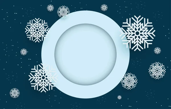 Σκούρο Μπλε Φόντο Λευκό Πλαίσιο Κύκλο Διακοσμημένο Νιφάδες Χιονιού Διανυσματική — Διανυσματικό Αρχείο
