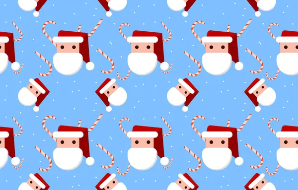 Seamless Pattern Cartoon Flat Style Santa Claus Face Candy Cane — Stock Vector