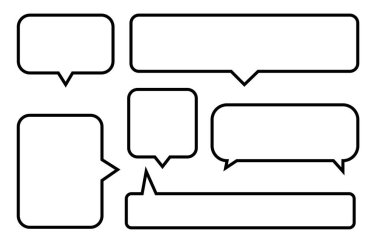 Konuşma baloncuklarını beyaz arkaplanda ayarla. Sohbet kutusu veya sohbet vektör karesi ve karalama iletisi veya çizgi roman ve en küçük ileti diyaloğu için konuşan iletişim simgesi