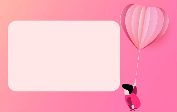 一个男人带着粉色的心气球走着 白色的方格框 情人节矢量图解 爱情贺卡 — 图库矢量图片
