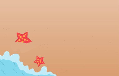 Yaz sahili hava manzarası, üstten deniz vektörü tasarım için serbest alan, toplar, şemsiyeler, minderler ve deniz yıldızlarıyla süslenmiş..