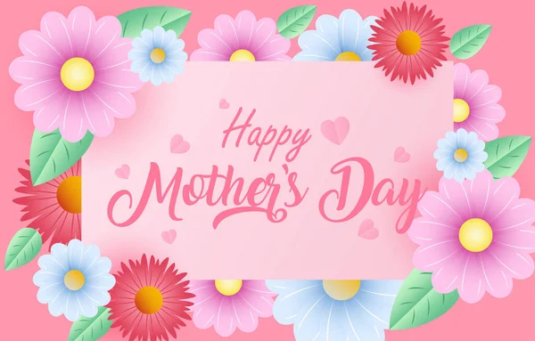 Muttertag Grußkarte Banner Vektor Mit Frühlingsblumen Und Fliegenden Herzen Rosa — Stockvektor