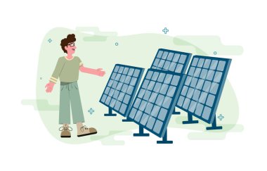 Vektör adam ve güneş panelleri. Temiz enerji kavramı. Yenilenebilir enerji ve doğal kaynaklarla sürdürülebilir ekonomik büyüme. Çevre koruma illüstrasyonu.