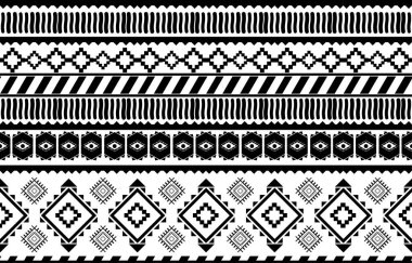Afrika kabilesinin siyah ve beyaz soyut etnik geometrik modeli. Kumaş desenleri, kilimler, gömlekler, kostümler, türban, şapkalar, perdeler basmak için arkaplan veya duvar kağıdı tasarımı..