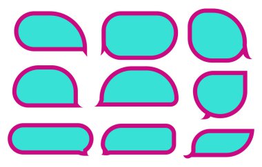 Konuşma baloncuklarını beyaz arkaplanda ayarla. Sohbet kutusu veya sohbet vektör karesi ve karalama iletisi veya çizgi roman ve en küçük ileti diyaloğu için konuşan iletişim simgesi