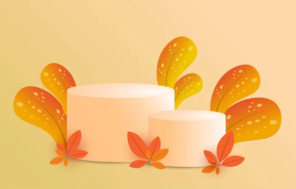 ライトブラウンの円筒形の表彰台の葉で飾られた 秋のコンセプト 秋祭りの商品の販売や広告を設計するための背景 ベクターイラスト — ストックベクタ