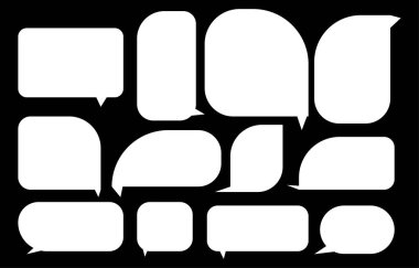 Konuşma baloncuklarını siyah arkaplana ayarla. Sohbet kutusu veya sohbet vektör karesi ve karalama iletisi veya çizgi roman ve en küçük ileti diyaloğu için konuşan iletişim simgesi