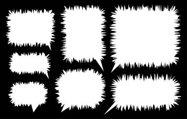 Konuşma baloncuklarını siyah arkaplana ayarla. Sohbet kutusu veya sohbet vektör karesi ve karalama iletisi veya çizgi roman ve en küçük ileti diyaloğu için konuşan iletişim simgesi