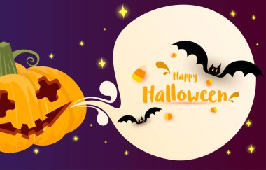 Cadılar Bayramı tebrik kartı. Balkabaklarıyla, oyulmuş hayaletlerle ve konuşma baloncuklarıyla süslenmiş. Mutlu Cadılar Bayramı mektupları. Korkutucu ve rahatsız edici vektör çizimi.