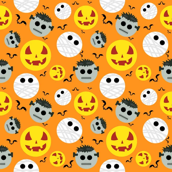 Halloween Hintergrund Nahtlosem Muster Comicgesichter Von Geistern Mumien Und Fledermäusen — Stockvektor