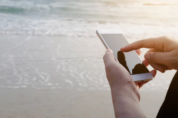 Closed Asian Businesswoman Hand Holding Smartphone She Searching Social Website — Zdjęcie stockowe